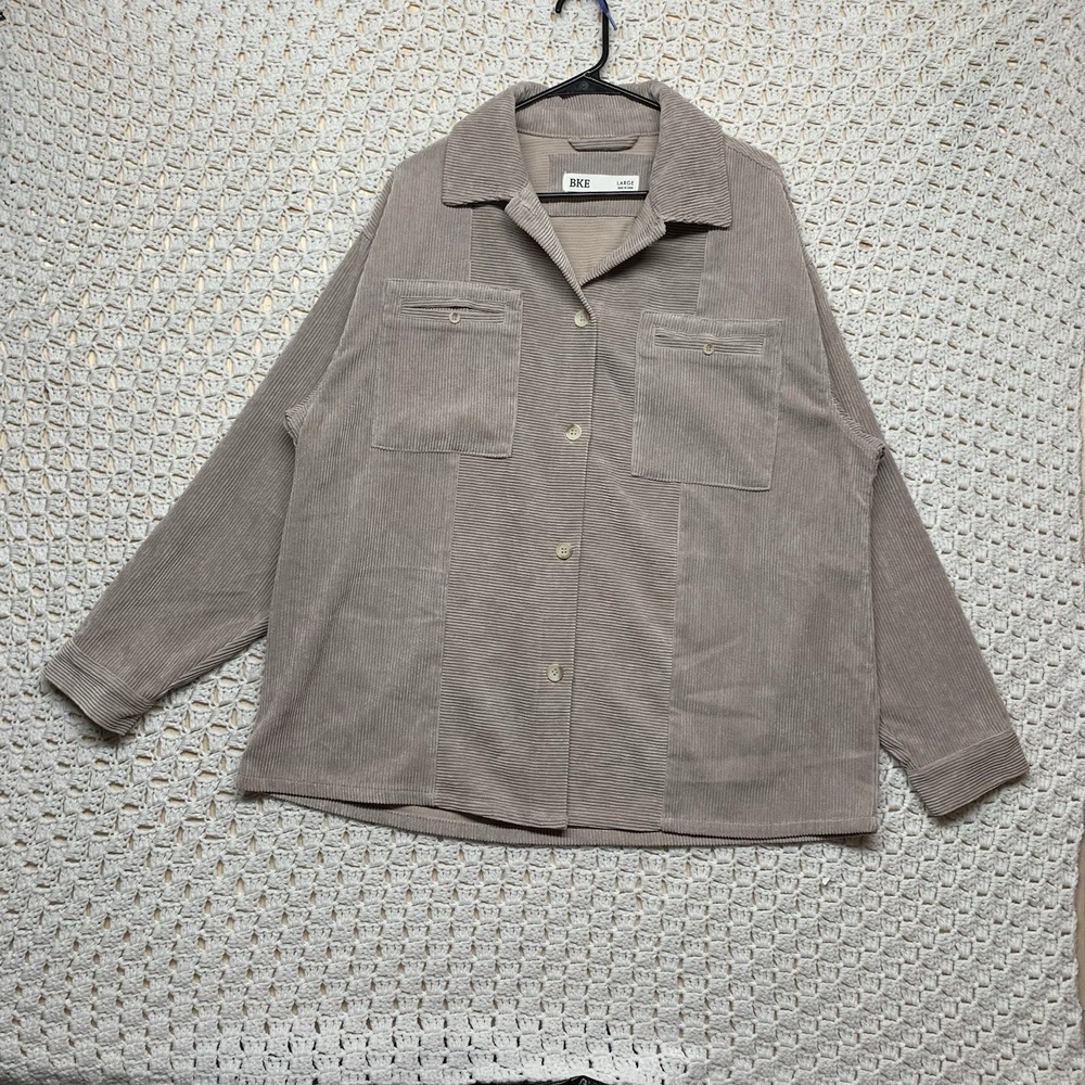BKE Buckle Corduroy Shacket Shirt Jacket Women Sz L Oversized Beige Button Front